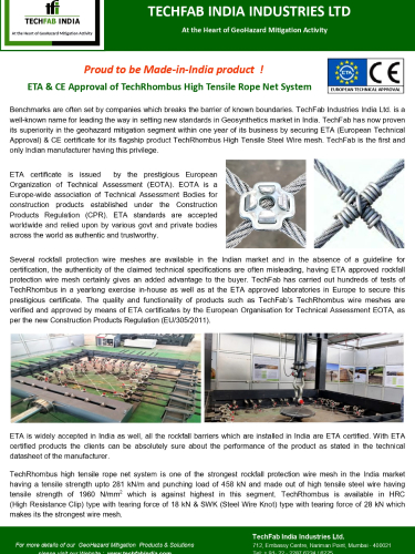 ETA and CE Approval for TechRhombus High Tensile Rope Net System
