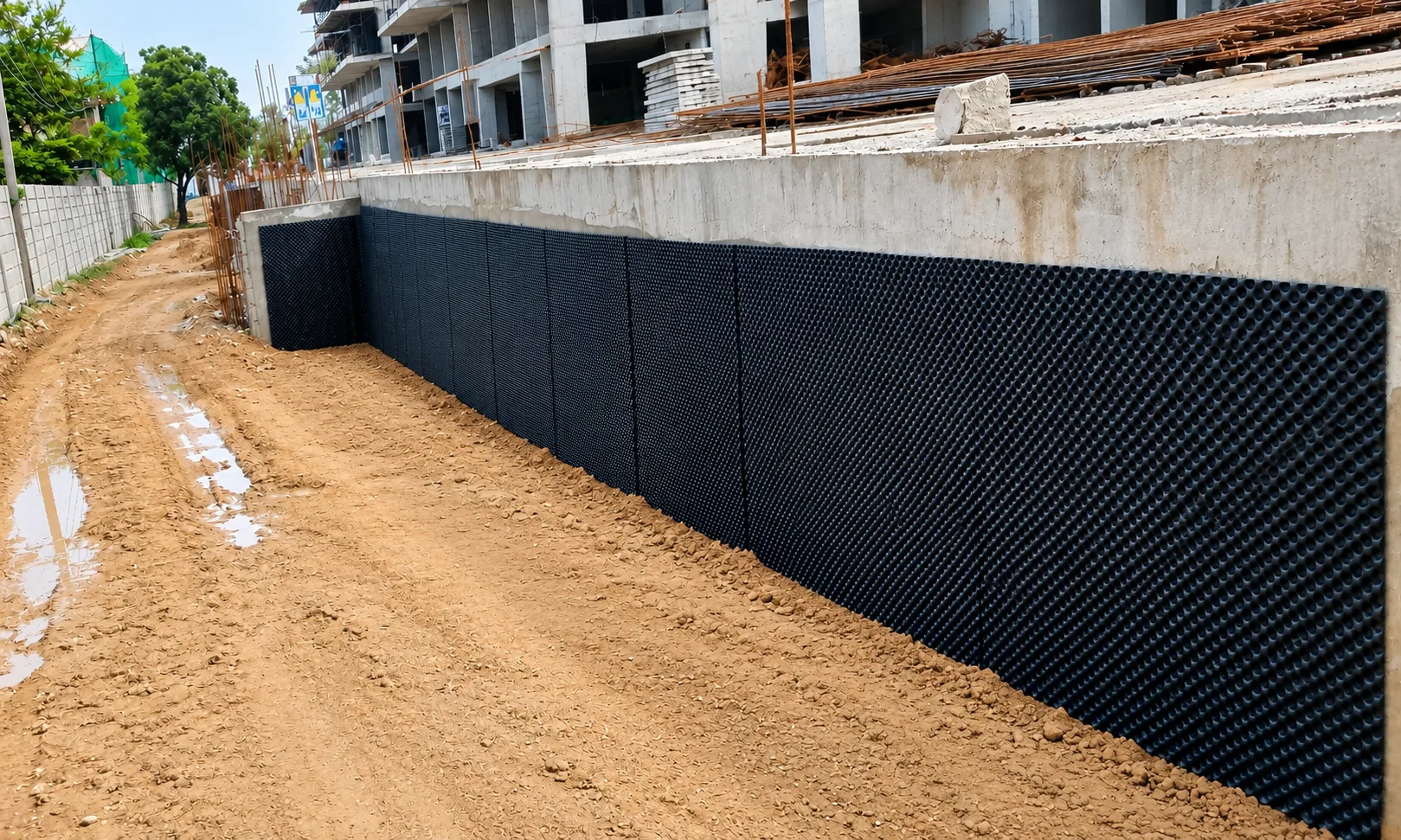 Drainage composite installation at a real estate development