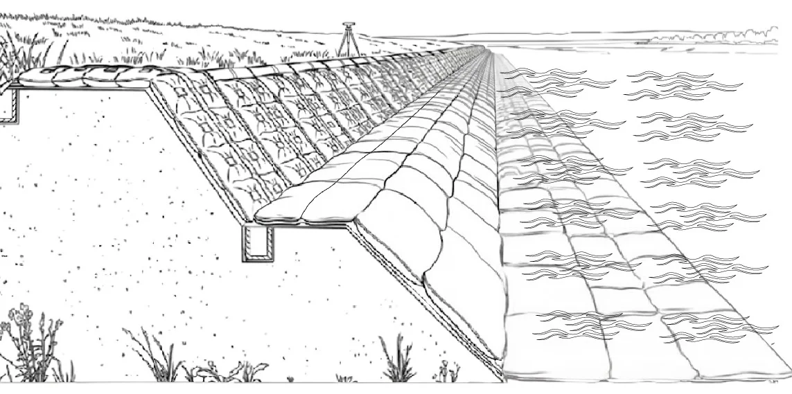 River Bank Erosion Protection - Filter Point mattress and Anchor Block system diagram